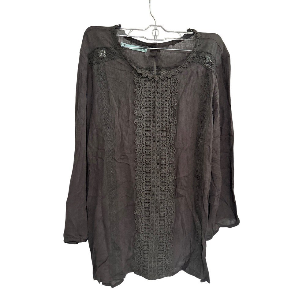 Maurices Charcoal Gray Crochet Lace Crinkle Blouse Long Sleeve Boho Top Large